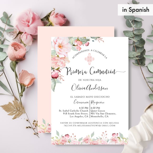 Invitación Primera Comunión Española Peach y Mint Floral (Subido por el creador)