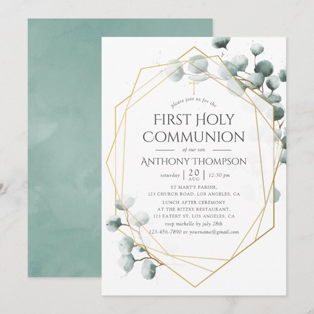 Invitación Primera Comunión Eucalipto Geométrico (Anverso / Reverso)