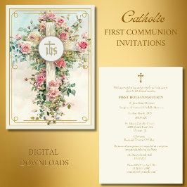 Invitación Primera Comunión Eucaristía Cruz Floral Rosa