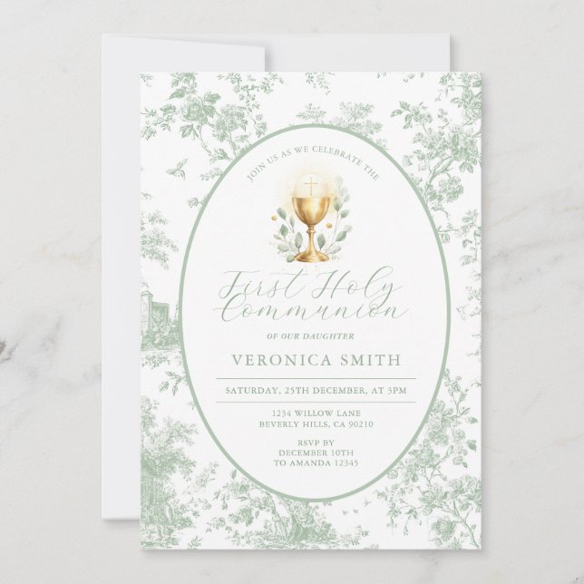 Invitación Primera Comunión Eucaristía Verde Salvia (Anverso)