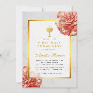 Invitación Primera Comunión Falso Oro Floral Camelia Rosa