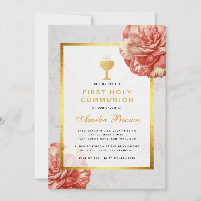 Invitación Primera Comunión Faux Gold Floral Rosa Camellia (Anverso)