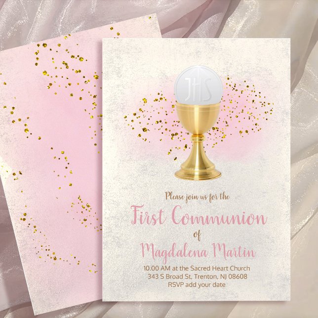 Invitación primera comunión FAUX purpurina y acuarela rosa (Subido por el creador)