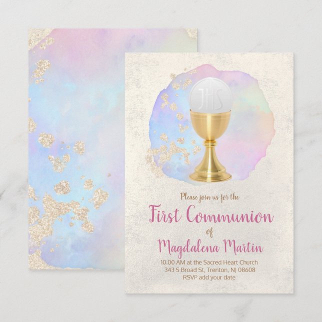Invitación primera comunión FAUX Relieve metalizado de oro y  (Anverso / Reverso)