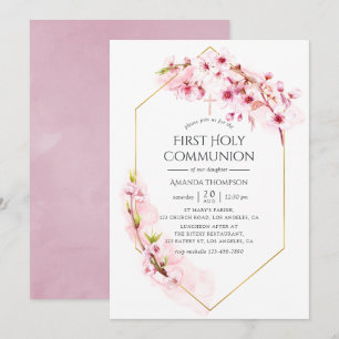 Invitación Primera Comunión Flor de Cerezo Rosa Geométrica
