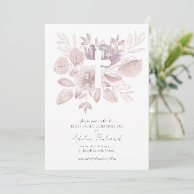 Invitación Primera Comunión Floral Acuarela (Anverso de pie)