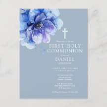 Invitación Primera Comunión Floral Acuarela Azul