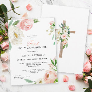 Invitación Primera Comunión Floral Acuarela Rosa