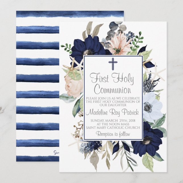 Invitación Primera Comunión Floral Azul (Anverso / Reverso)