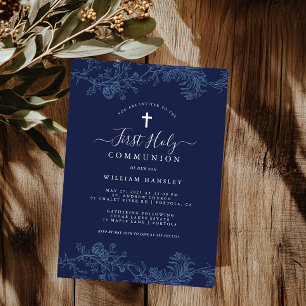 Invitación Primera Comunión Floral Azul con Hoja para Niños