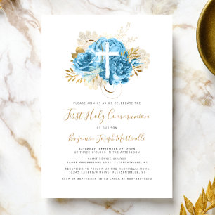 Invitación Primera Comunión Floral Azul Cruz Dorada