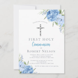 Invitación Primera Comunión Floral Azul Elegante
