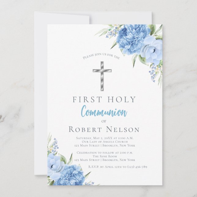 Invitación Primera Comunión Floral Azul Elegante (Anverso)