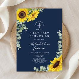 Invitación Primera Comunión Floral Azul Marino Moderna