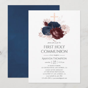 Invitación Primera Comunión Floral Azul Marino y Granate