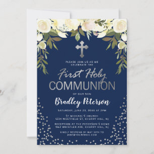 Invitación Primera Comunión Floral Azul Plateado Niño