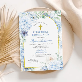 Invitación Primera Comunión Floral Azul Polvo
