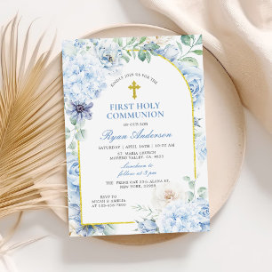 Invitación Primera Comunión Floral Azul Polvo