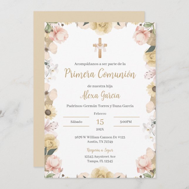 Invitación Primera comunión floral beige (Anverso / Reverso)