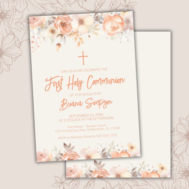 Invitación Primera Comunión floral beige melocotón marfil (Subido por el creador)