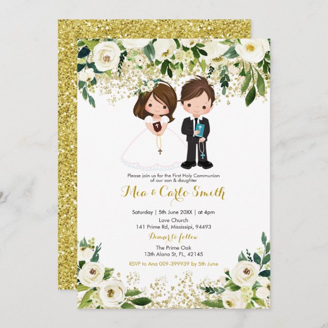 Invitación Primera comunión floral blanca de hermanos y Chica (Anverso / Reverso)