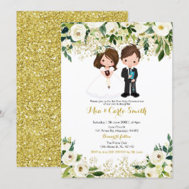 Invitación Primera comunión floral blanca de hermanos y Chica