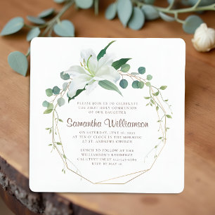 Invitación Primera comunión floral blanca geométrica y modern