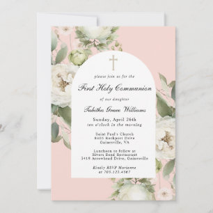 Invitación Primera Comunión floral blanca sobre rosa