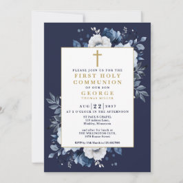 Invitación Primera Comunión Floral Boho Azul Marino