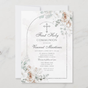 Invitación Primera Comunión Floral Boho Blanco Arco de Plata