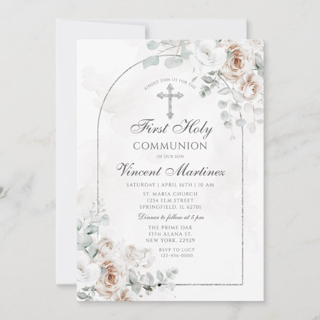 Invitación Primera Comunión Floral Boho Blanco Arco de Plata (Anverso)