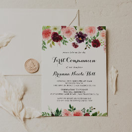 Invitación Primera comunión floral borgoñona rosa morada