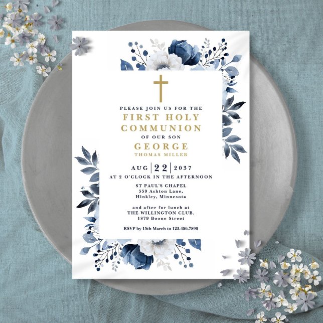 Invitación Primera Comunión Floral Botánica Azul Marino (Navy Blue Floral Botanical First Holy Communion Invitation)