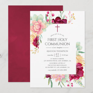Invitación Primera Comunión floral burdeos y rubor