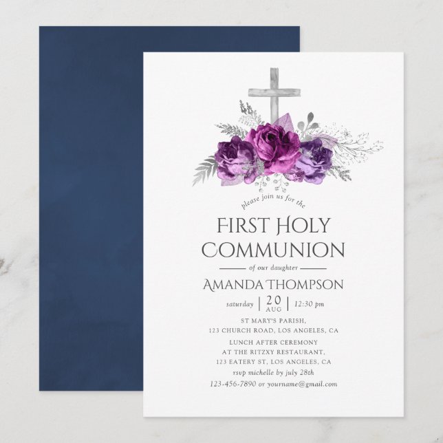 Invitación Primera Comunión floral ciruela y azul marino (Anverso / Reverso)