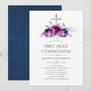 Invitación Primera Comunión floral ciruela y azul marino