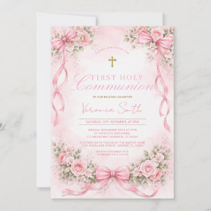 Invitación Primera Comunión Floral con Lazo Rosa Elegante