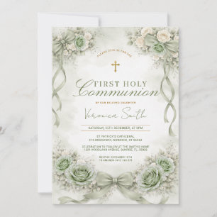 Invitación Primera Comunión Floral con Lazo Verde Salvia