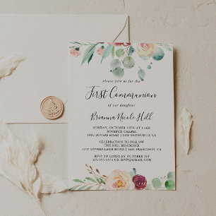 Invitación Primera Comunión floral contemporánea Eucalyptus