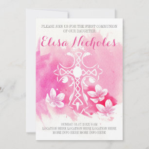 Invitación Primera Comunión floral cruz acuarela rosa