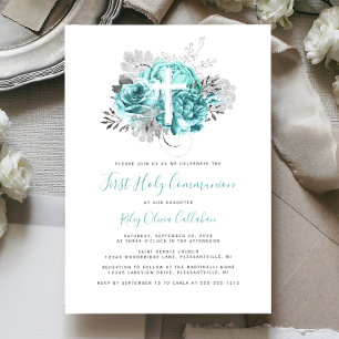 Invitación Primera Comunión Floral Cruz de Plata Photo Aqua