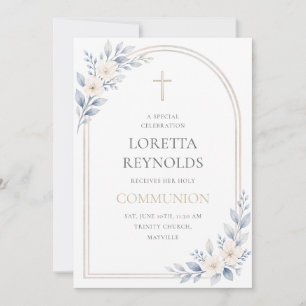 Invitación Primera Comunión Floral de Arco Elegante Azul Dora