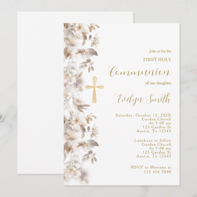 Invitación Primera comunión floral de Beige (Anverso / Reverso)