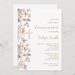 Invitación Primera comunión floral de Beige