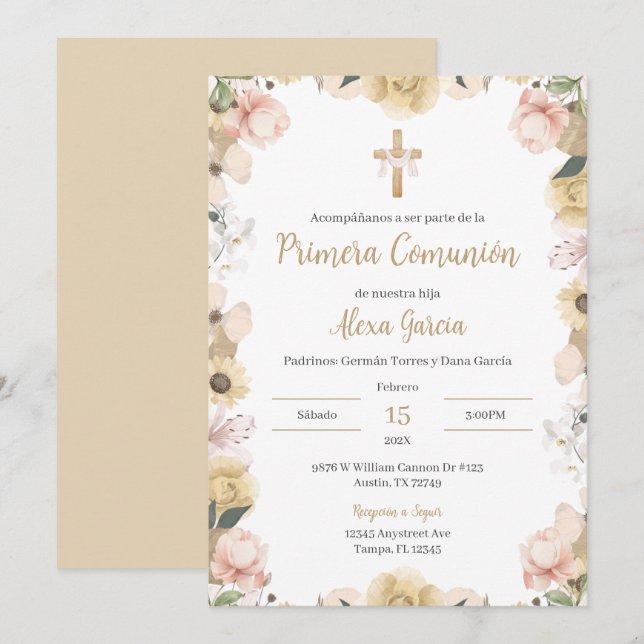 Invitación Primera comunión floral de Beige (Anverso / Reverso)