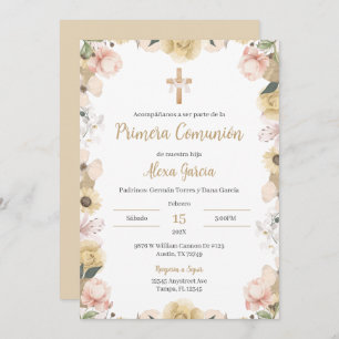 Invitación Primera comunión floral de Beige