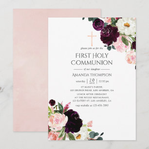 Invitación Primera Comunión Floral de Ciruela Borgoña y Rosa