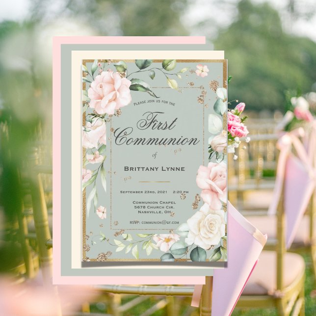 Invitación Primera comunión floral de floral Sage Green Gold (Subido por el creador)