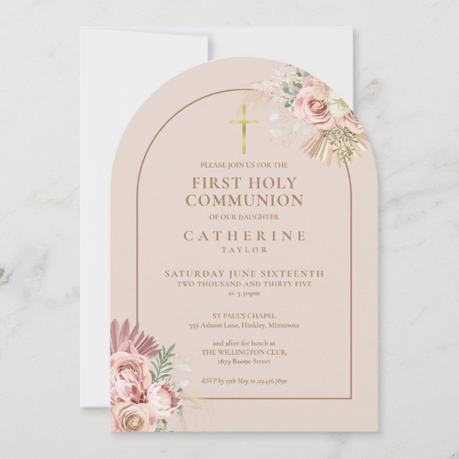Invitación Primera Comunión floral de hierba de Pampas con ar (Anverso)