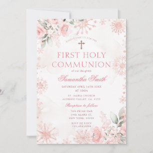 Invitación Primera Comunión Floral de Invierno en Rosa Dorado